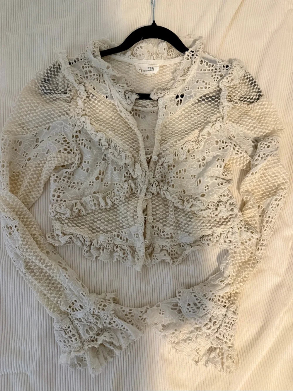 Anthropologie Ivory Crochet Ruffle Button-Front Blouse